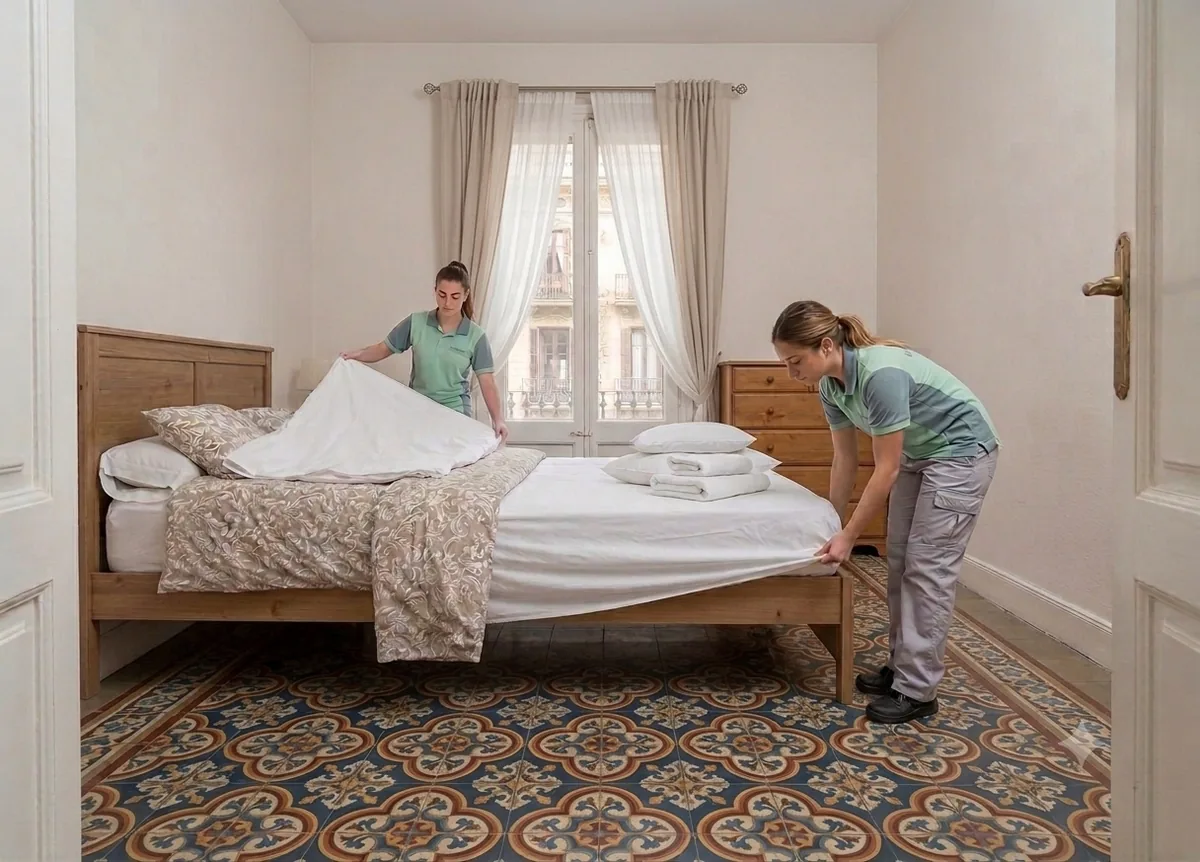 Equipo profesional preparando y limpiando un dormitorio en Barcelona
